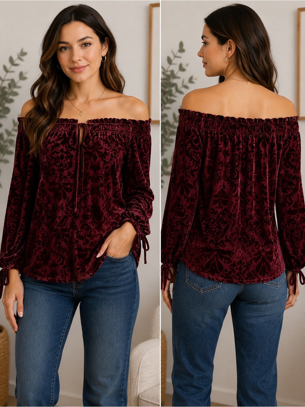 Título:
Francesca’s Burgundy Velvet Burnout Off-Shoulder Boho Blouse